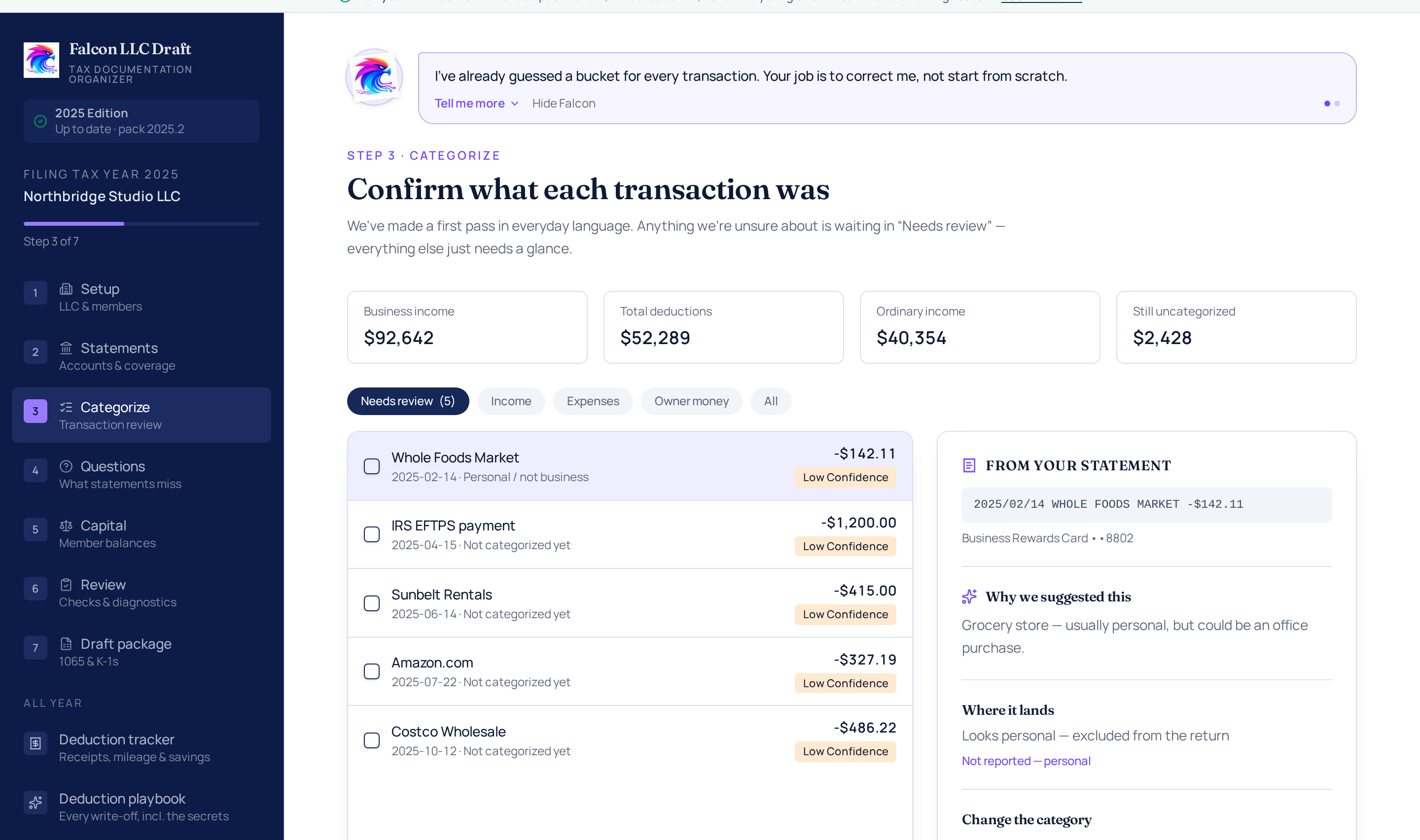 Falcon LLC Draft reviewing categorized bank transactions for a 2025 filing